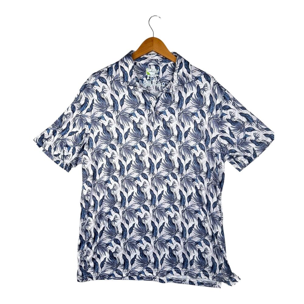 TailorByrd Polo Shirt Mens XL Blue Leaf Print Golf Performance Stretch Tech